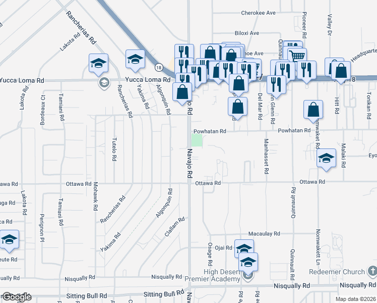 map of restaurants, bars, coffee shops, grocery stores, and more near 13414 Navajo Road in Apple Valley