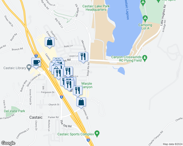 map of restaurants, bars, coffee shops, grocery stores, and more near 31732 Ridge Route Road in Castaic