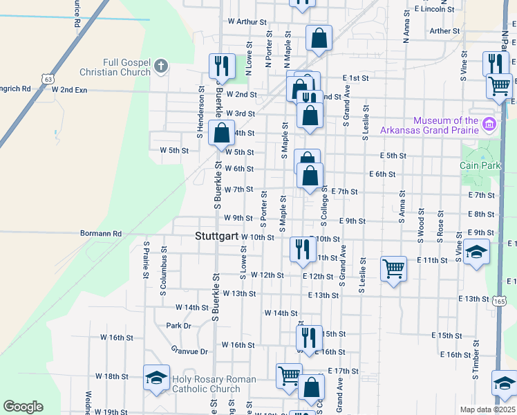 map of restaurants, bars, coffee shops, grocery stores, and more near 806 South Porter Street in Stuttgart
