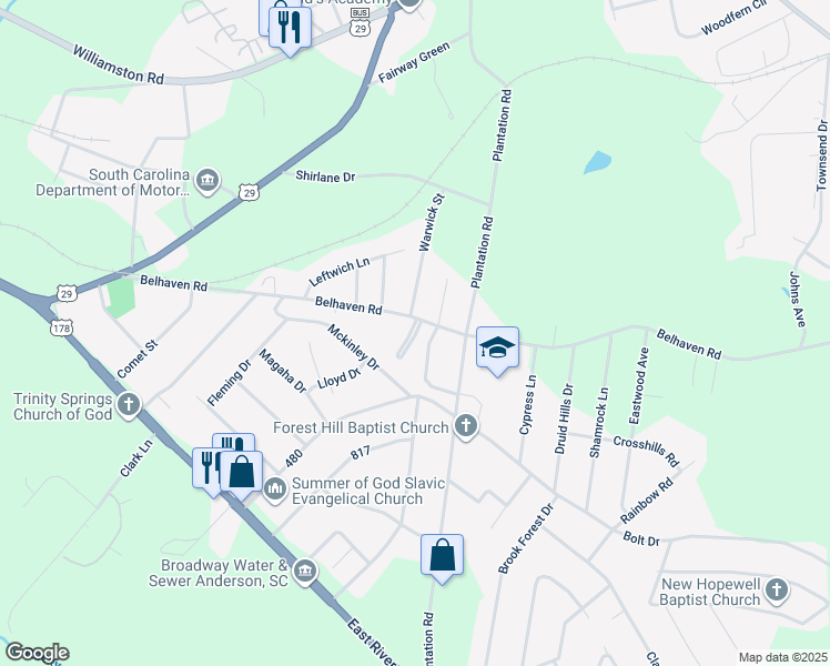 map of restaurants, bars, coffee shops, grocery stores, and more near 116 Gayland Drive in Anderson