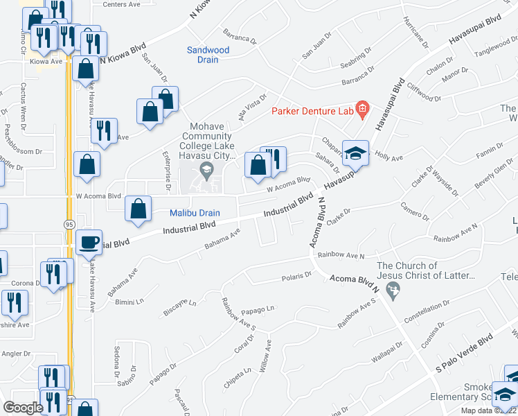 map of restaurants, bars, coffee shops, grocery stores, and more near 2061 Industrial Boulevard in Lake Havasu City