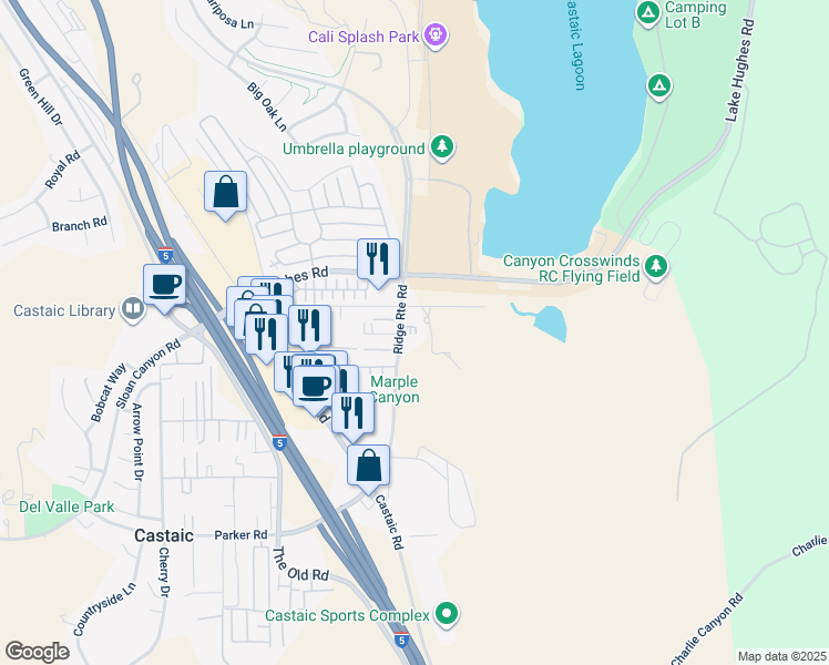 map of restaurants, bars, coffee shops, grocery stores, and more near 31732 Ridge Route Road in Castaic