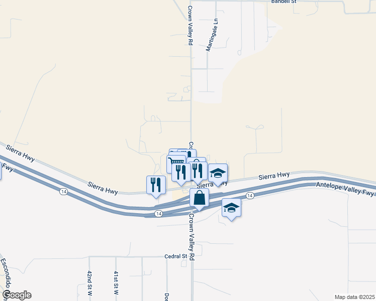 map of restaurants, bars, coffee shops, grocery stores, and more near Crown Valley Road in Acton