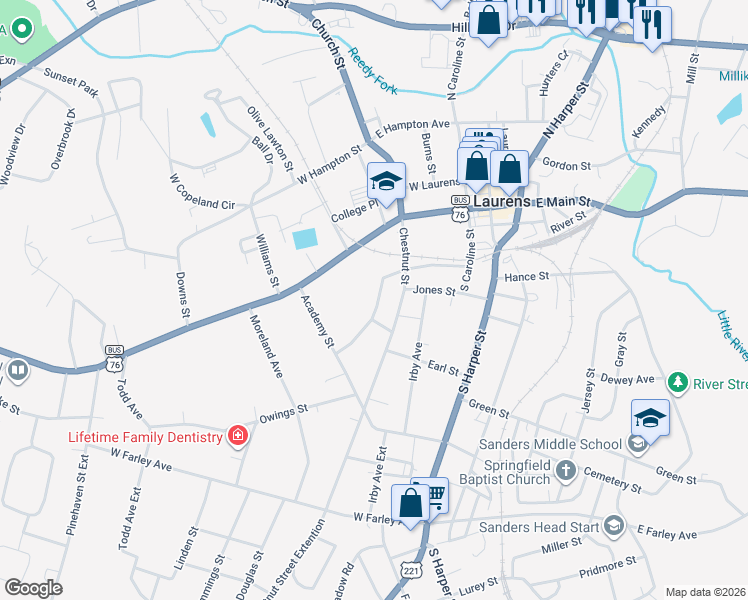 map of restaurants, bars, coffee shops, grocery stores, and more near 115 Maplebrook Street in Laurens