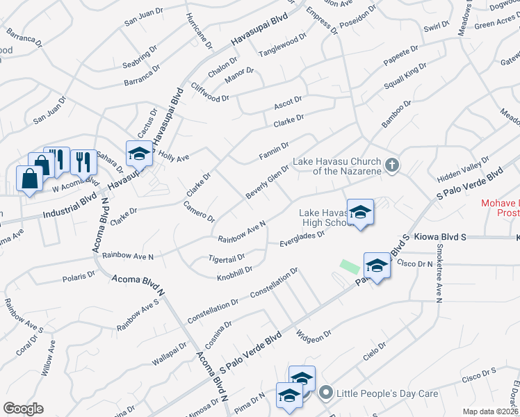 map of restaurants, bars, coffee shops, grocery stores, and more near 560 Wayside Plaza in Lake Havasu City