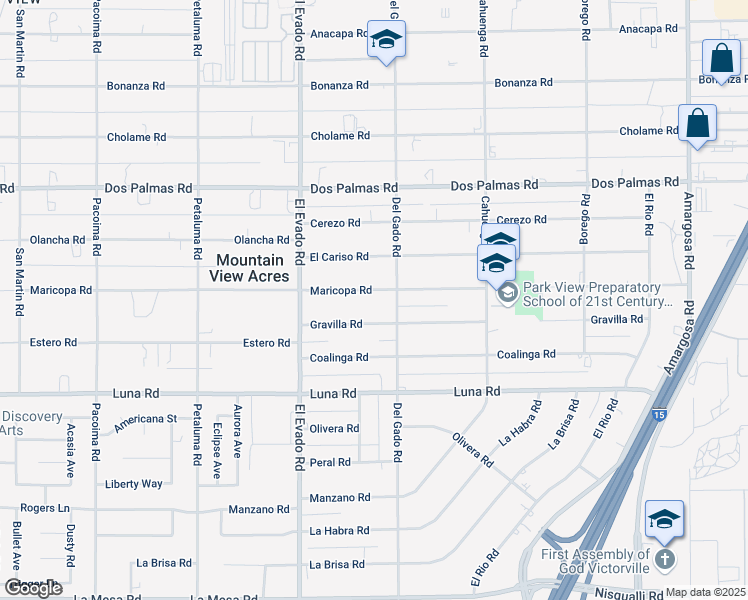 map of restaurants, bars, coffee shops, grocery stores, and more near 14647 Maricopa Road in Victorville