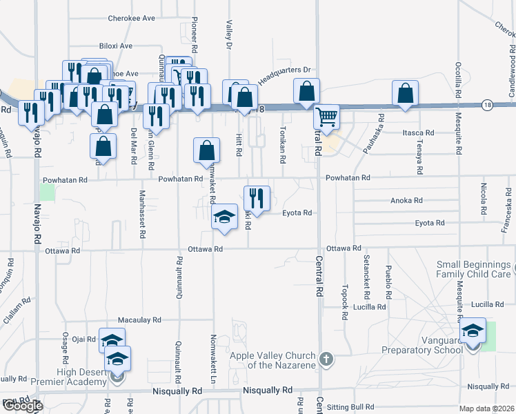 map of restaurants, bars, coffee shops, grocery stores, and more near 22332 Eyota Road in Apple Valley