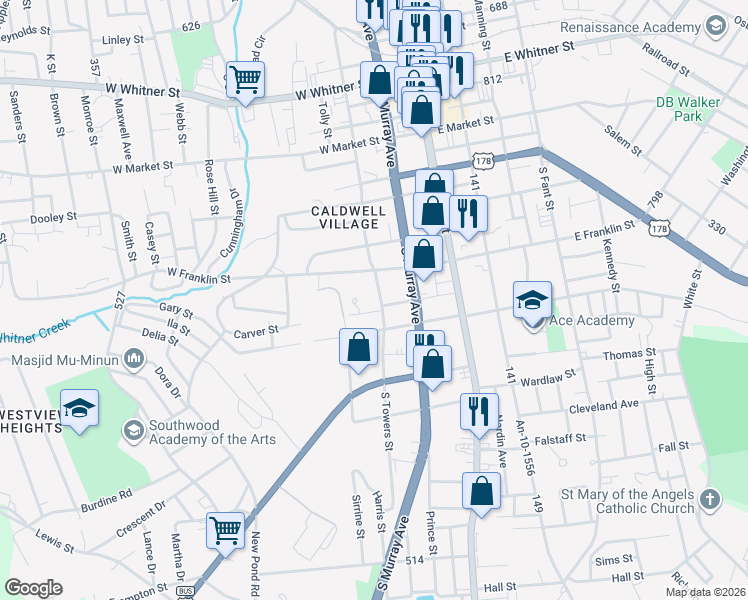 map of restaurants, bars, coffee shops, grocery stores, and more near 1000 South Towers Street in Anderson