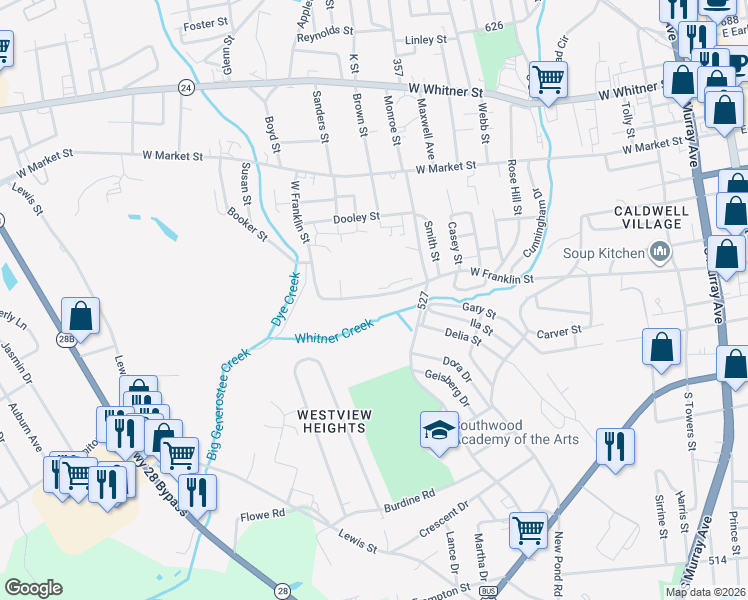map of restaurants, bars, coffee shops, grocery stores, and more near 1125 West Franklin Street in Anderson