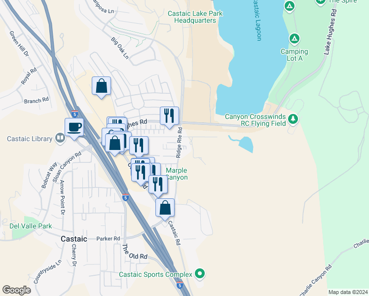 map of restaurants, bars, coffee shops, grocery stores, and more near 31732 Ridge Route Road in Castaic