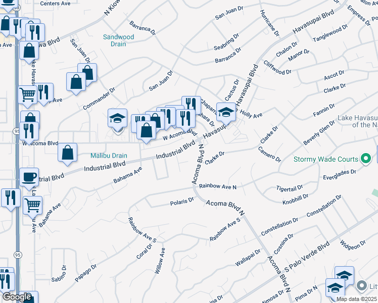 map of restaurants, bars, coffee shops, grocery stores, and more near 2160 Industrial Boulevard in Lake Havasu City