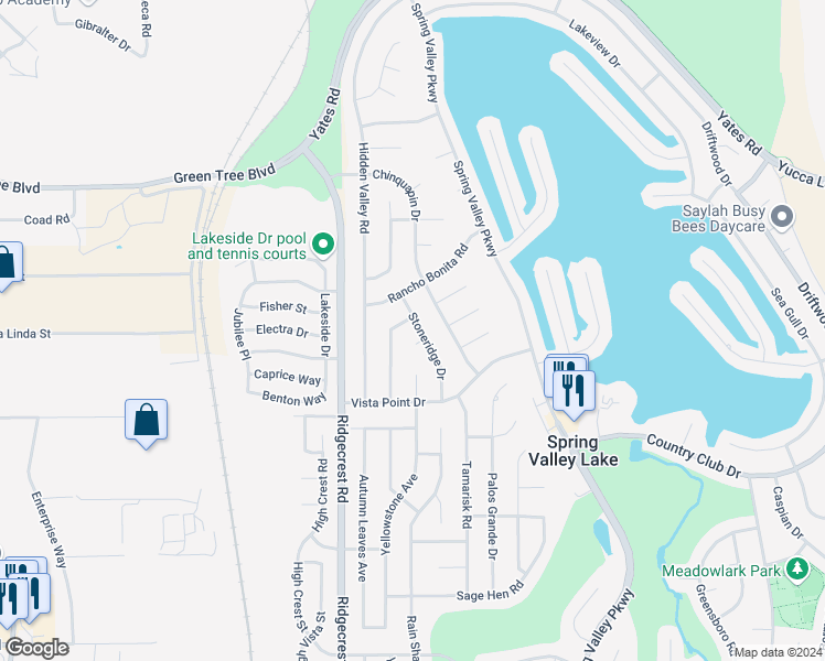 map of restaurants, bars, coffee shops, grocery stores, and more near 13450 Stoneridge Drive in Victorville