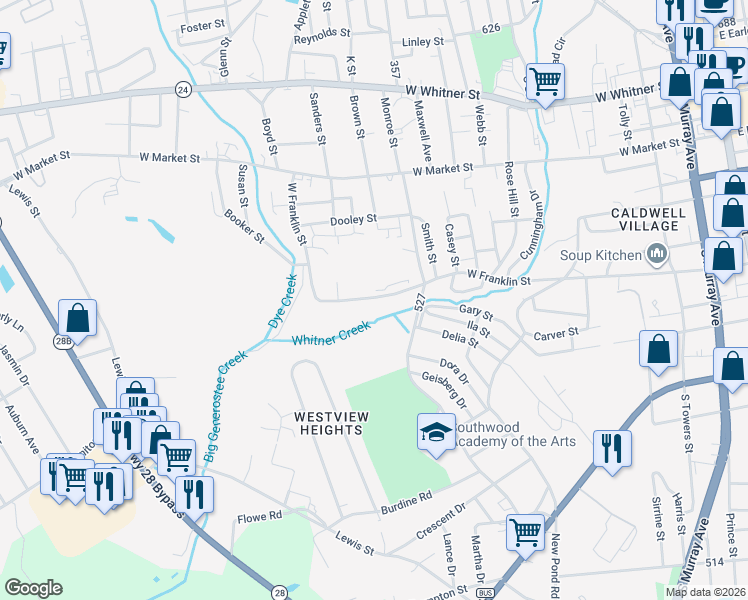 map of restaurants, bars, coffee shops, grocery stores, and more near 1125 West Franklin Street in Anderson