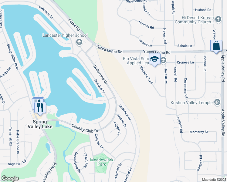 map of restaurants, bars, coffee shops, grocery stores, and more near 13425 Driftwood Drive in Victorville