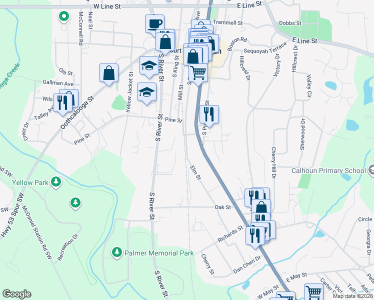 map of restaurants, bars, coffee shops, grocery stores, and more near 418 Elm Street in Calhoun