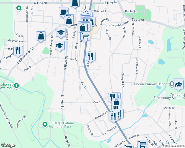 map of restaurants, bars, coffee shops, grocery stores, and more near 402 South Wall Street in Calhoun