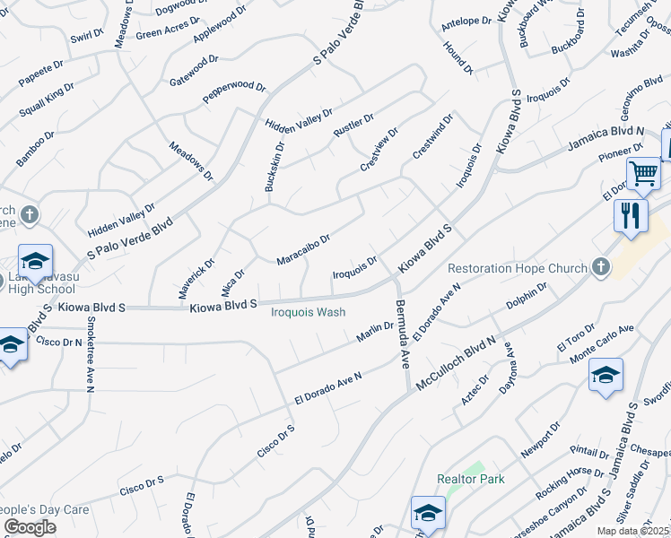 map of restaurants, bars, coffee shops, grocery stores, and more near 3085 Iroquois Drive in Lake Havasu City