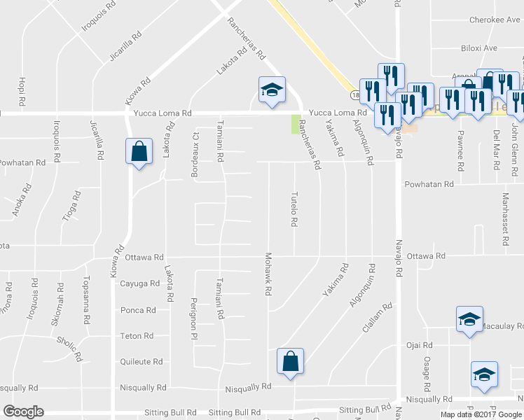 map of restaurants, bars, coffee shops, grocery stores, and more near 13425 Mohawk Road in Apple Valley