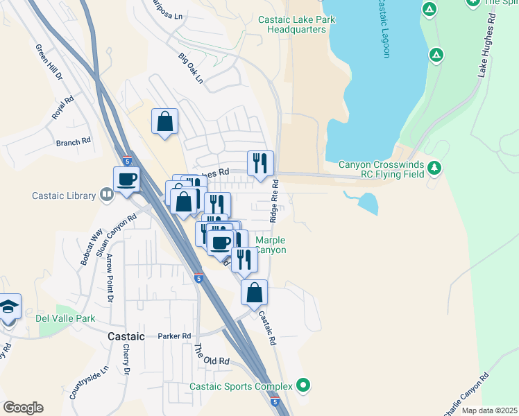 map of restaurants, bars, coffee shops, grocery stores, and more near 31727 Ridge Route Road in Castaic