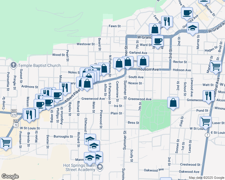 map of restaurants, bars, coffee shops, grocery stores, and more near 140 Centerview Street in Hot Springs