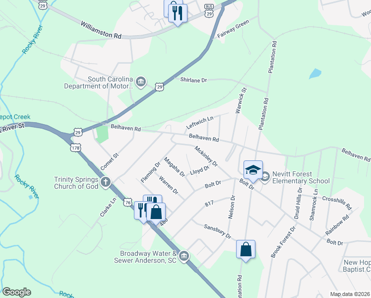 map of restaurants, bars, coffee shops, grocery stores, and more near 2504 Mckinley Drive in Anderson