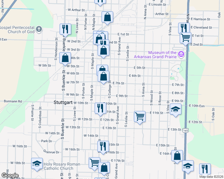 map of restaurants, bars, coffee shops, grocery stores, and more near 805 South College Street in Stuttgart