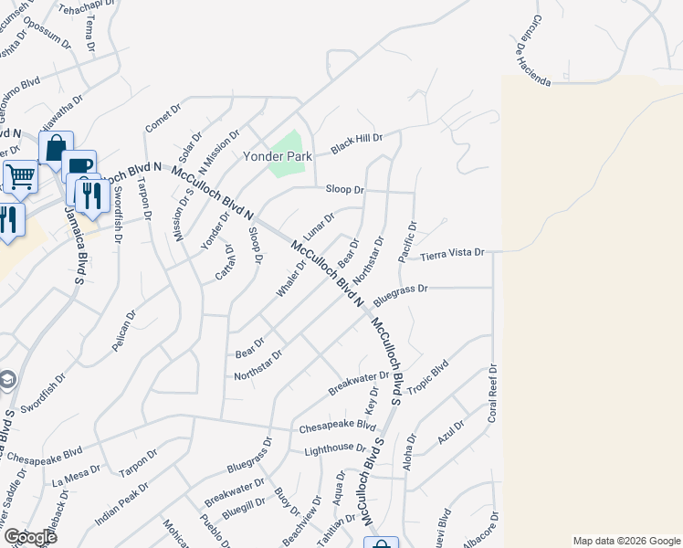 map of restaurants, bars, coffee shops, grocery stores, and more near 3900 Bear Drive in Lake Havasu City