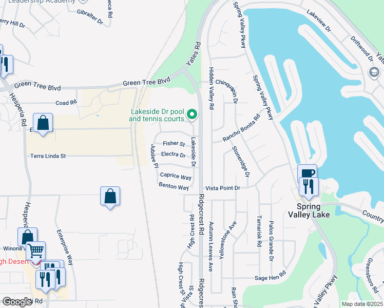 map of restaurants, bars, coffee shops, grocery stores, and more near 17670 Electra Drive in Victorville