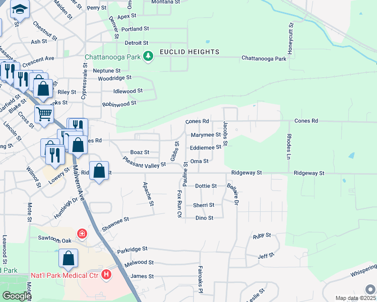map of restaurants, bars, coffee shops, grocery stores, and more near 102 Eddiemee Street in Hot Springs
