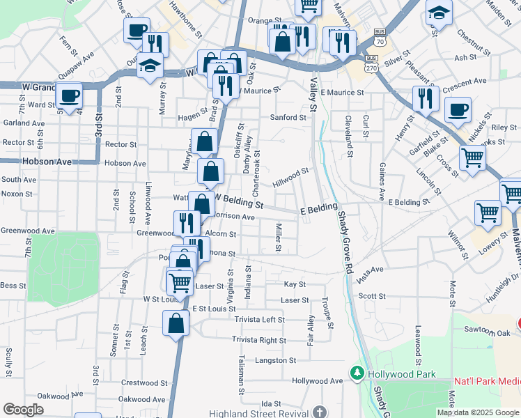 map of restaurants, bars, coffee shops, grocery stores, and more near 309 West Belding Street in Hot Springs