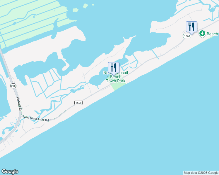 map of restaurants, bars, coffee shops, grocery stores, and more near 454 New River Inlet Road in North Topsail Beach