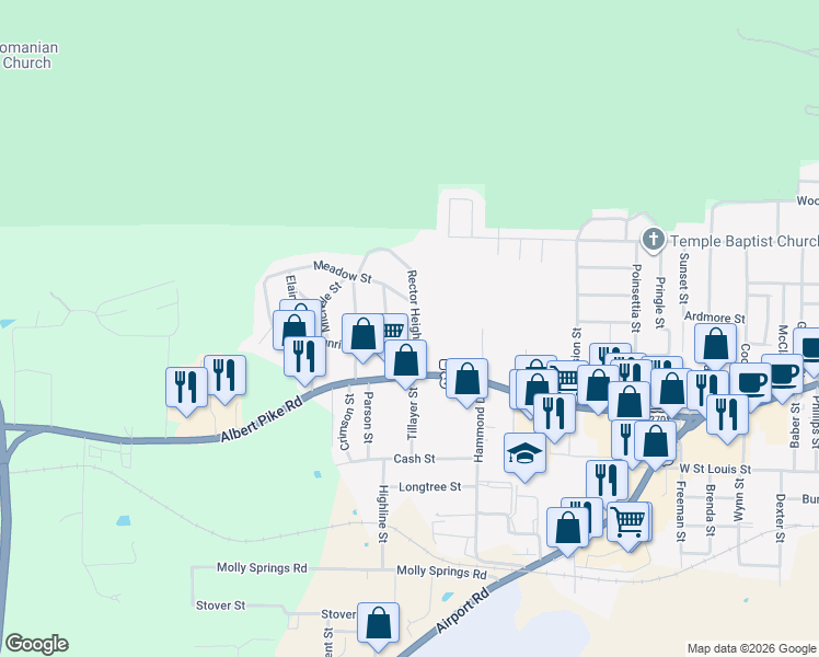 map of restaurants, bars, coffee shops, grocery stores, and more near 201 Rector Heights Drive in Hot Springs