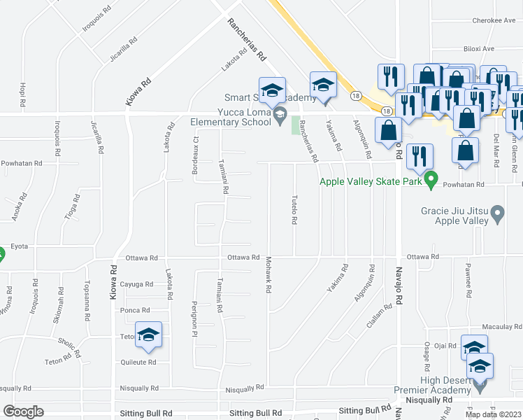 map of restaurants, bars, coffee shops, grocery stores, and more near 13425 Mohawk Road in Apple Valley