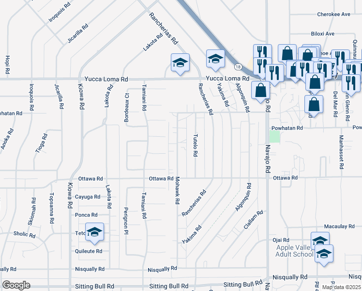 map of restaurants, bars, coffee shops, grocery stores, and more near 13425 Mohawk Road in Apple Valley