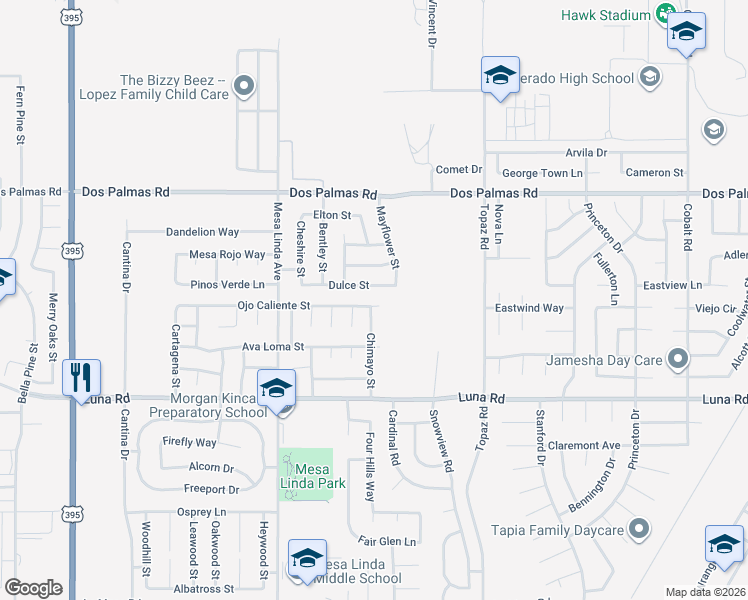 map of restaurants, bars, coffee shops, grocery stores, and more near 12708 Ojo Caliente Street in Victorville