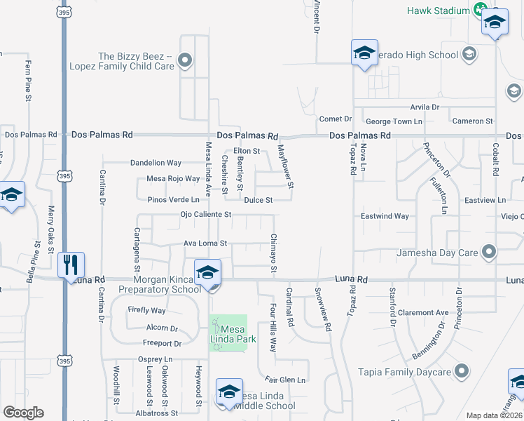 map of restaurants, bars, coffee shops, grocery stores, and more near 12627 Dulce Street in Victorville