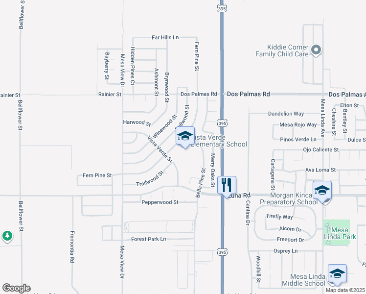 map of restaurants, bars, coffee shops, grocery stores, and more near 13403 Vista Verde Street in Victorville