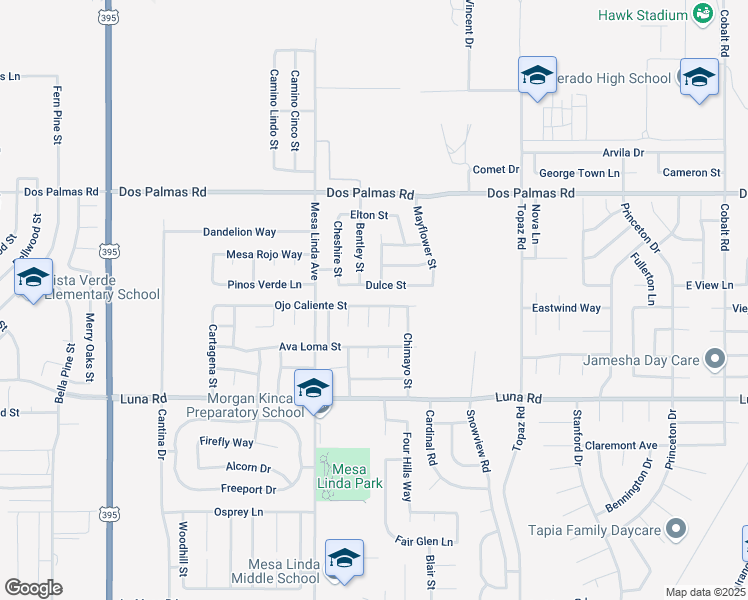 map of restaurants, bars, coffee shops, grocery stores, and more near 12628 Ojo Caliente Street in Victorville