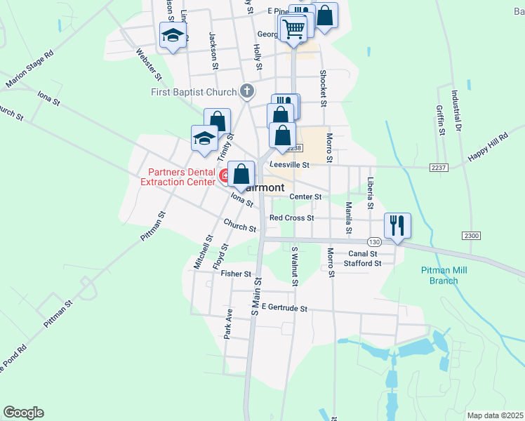 map of restaurants, bars, coffee shops, grocery stores, and more near North Carolina 41 in Fairmont
