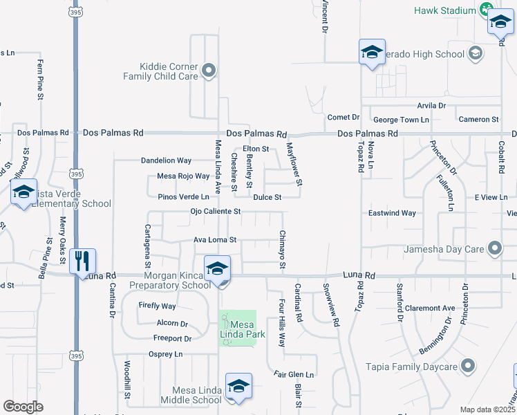 map of restaurants, bars, coffee shops, grocery stores, and more near 12628 Ojo Caliente Street in Victorville
