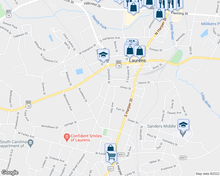 map of restaurants, bars, coffee shops, grocery stores, and more near 313 Jones Street in Laurens