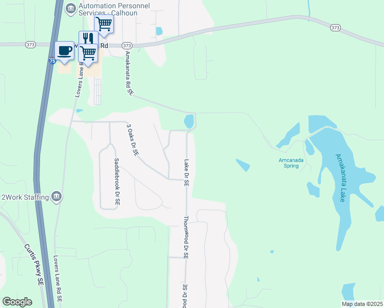 map of restaurants, bars, coffee shops, grocery stores, and more near 224 Lake Drive Southeast in Calhoun