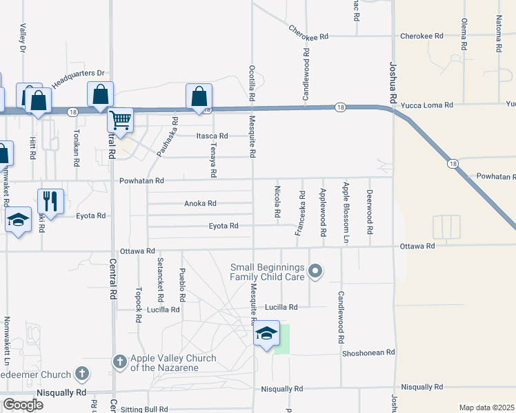 map of restaurants, bars, coffee shops, grocery stores, and more near 13433 Mesquite Road in Apple Valley