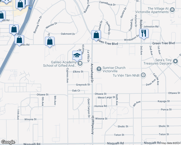 map of restaurants, bars, coffee shops, grocery stores, and more near 13475 Fawncreek Street in Victorville