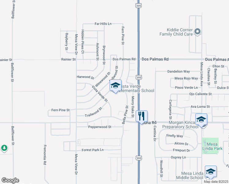 map of restaurants, bars, coffee shops, grocery stores, and more near 13403 Vista Verde Street in Victorville