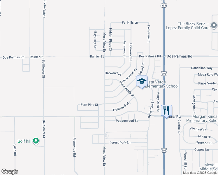 map of restaurants, bars, coffee shops, grocery stores, and more near 11710 Winewood Street in Victorville