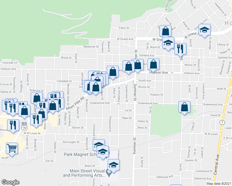 map of restaurants, bars, coffee shops, grocery stores, and more near 210 Afton Street in Hot Springs