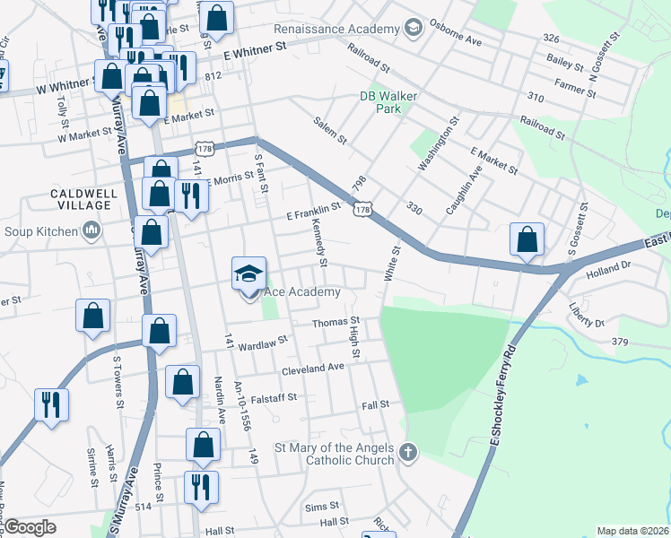 map of restaurants, bars, coffee shops, grocery stores, and more near 508 East Hampton Street in Anderson