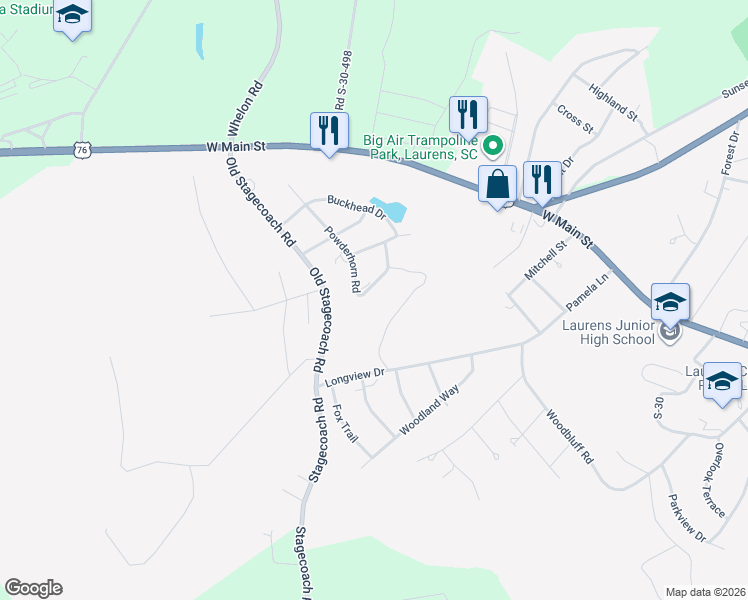 map of restaurants, bars, coffee shops, grocery stores, and more near 406 Powderhorn Road in Laurens