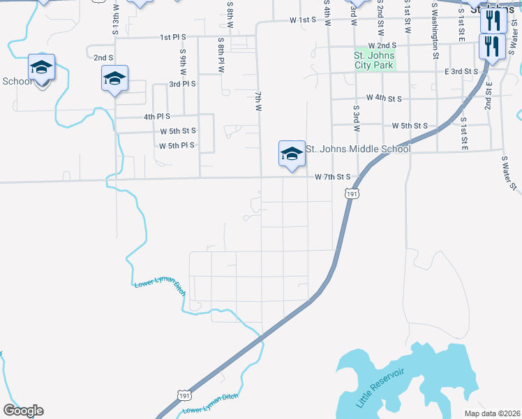 map of restaurants, bars, coffee shops, grocery stores, and more near 830 7th West in Saint Johns